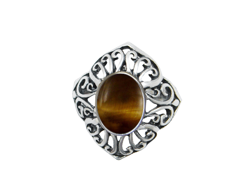 Sterling Silver Filigree Ring With Striking Tiger Eye Size 9